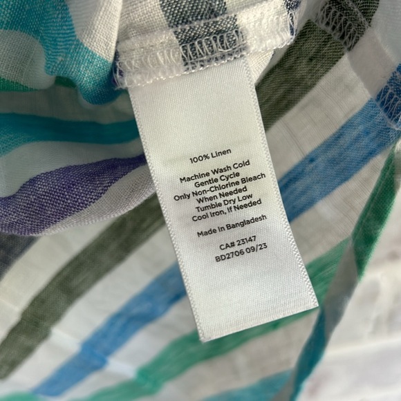 Talbots Women Linen Shirt S/S Top White Blue Stripes Coastal Stripe Petite Large - Picture 7 of 7
